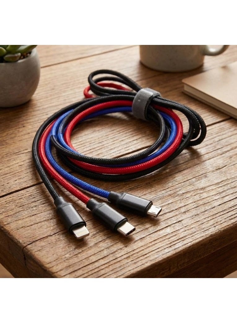 XKIN 3-in-1 Multi Charging Cable [1.2M] Braided Fast Charging Cord with Lightning, Type-C, and Micro USB Ports - Universal Compatible with iPhone, Samsung, Huawei, and Tablets - Durable & Tangle-Free (Black/Red/Blue) - Image 1